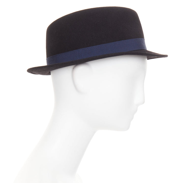 CHANEL 2011 black rabbit felt  navy ribbon trim CC logo fedora hat M