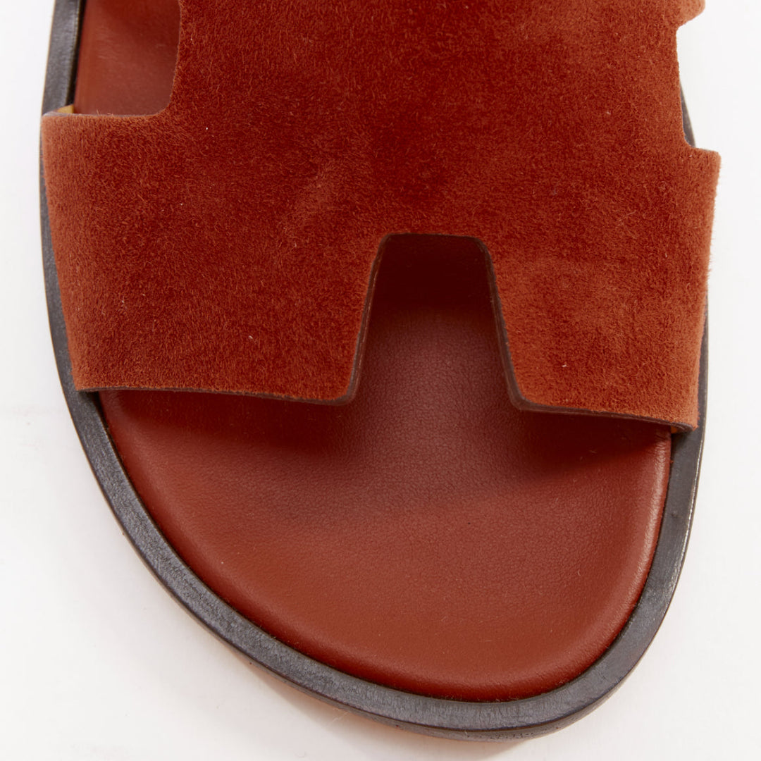HERMES Izmir brown suede goatskin leather H cut out flat sandals EU41