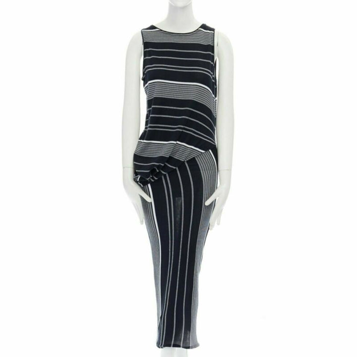 STELLA MCCARTNEY black white stripe knit draped waist stretch dress IT38 XS