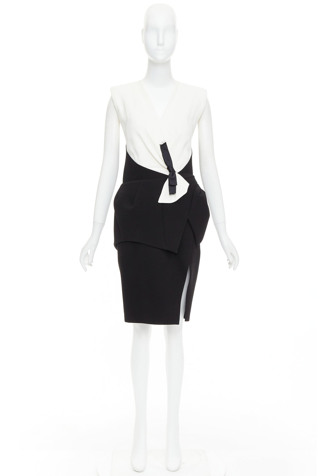 BALENCIAGA 2008 Runway black cream twist bow drape peplum hi-slit dress FR38 M