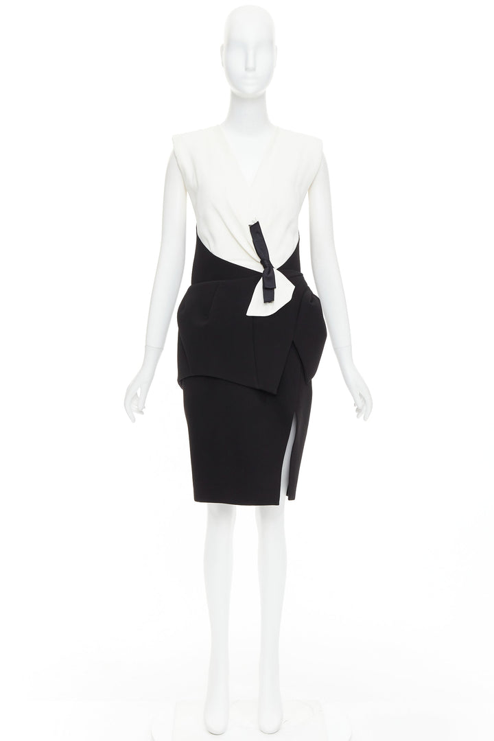 BALENCIAGA 2008 Runway black cream twist bow drape peplum hi-slit dress FR38 M