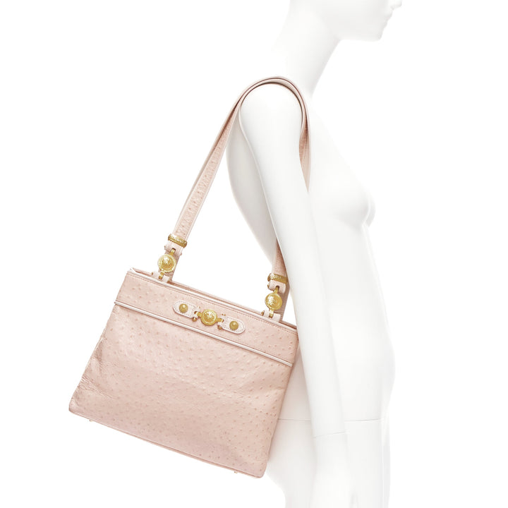 GIANNI VERSACE Vintage pink leather gold Medusa long strap tote bag