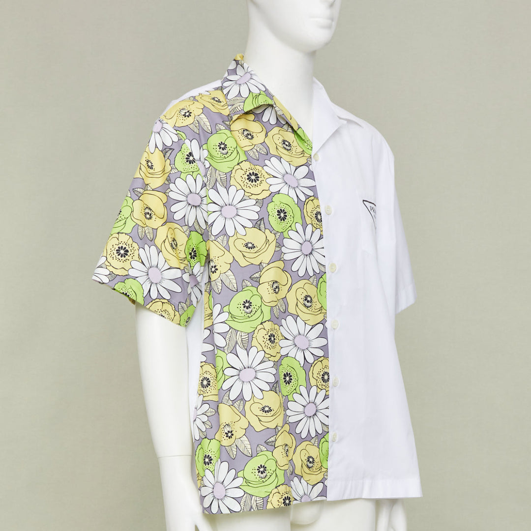 PRADA 2021 Runway Double Match Blossom daisy floral split cotton bowling shirt L