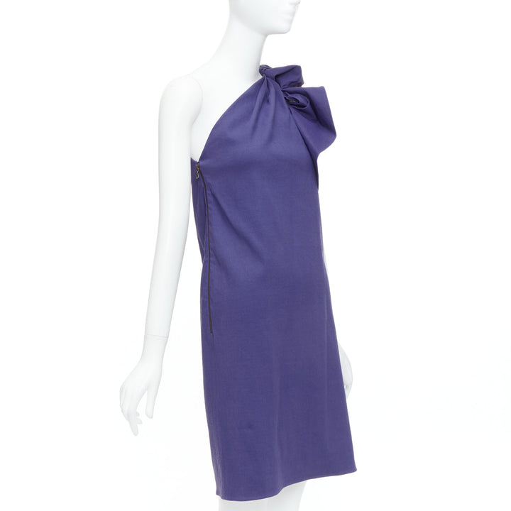 LANVIN 2015 deep purple linen one shoulder ruffle dress FR38 M