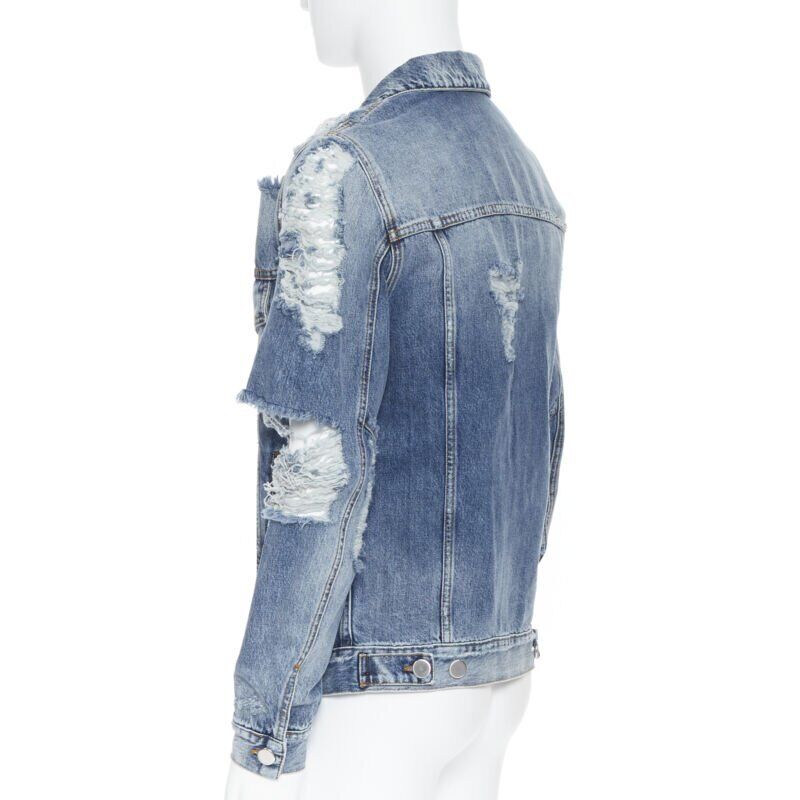 BALMAIN blue washed heavy distressed holey casual cotton denim jacket S