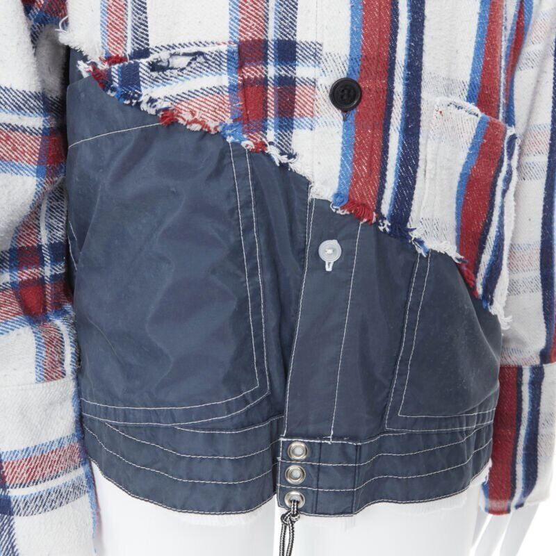 GREG LAUREN 50/50 White Plaid Navy Birdwell Studio Shirt deconstructed top S