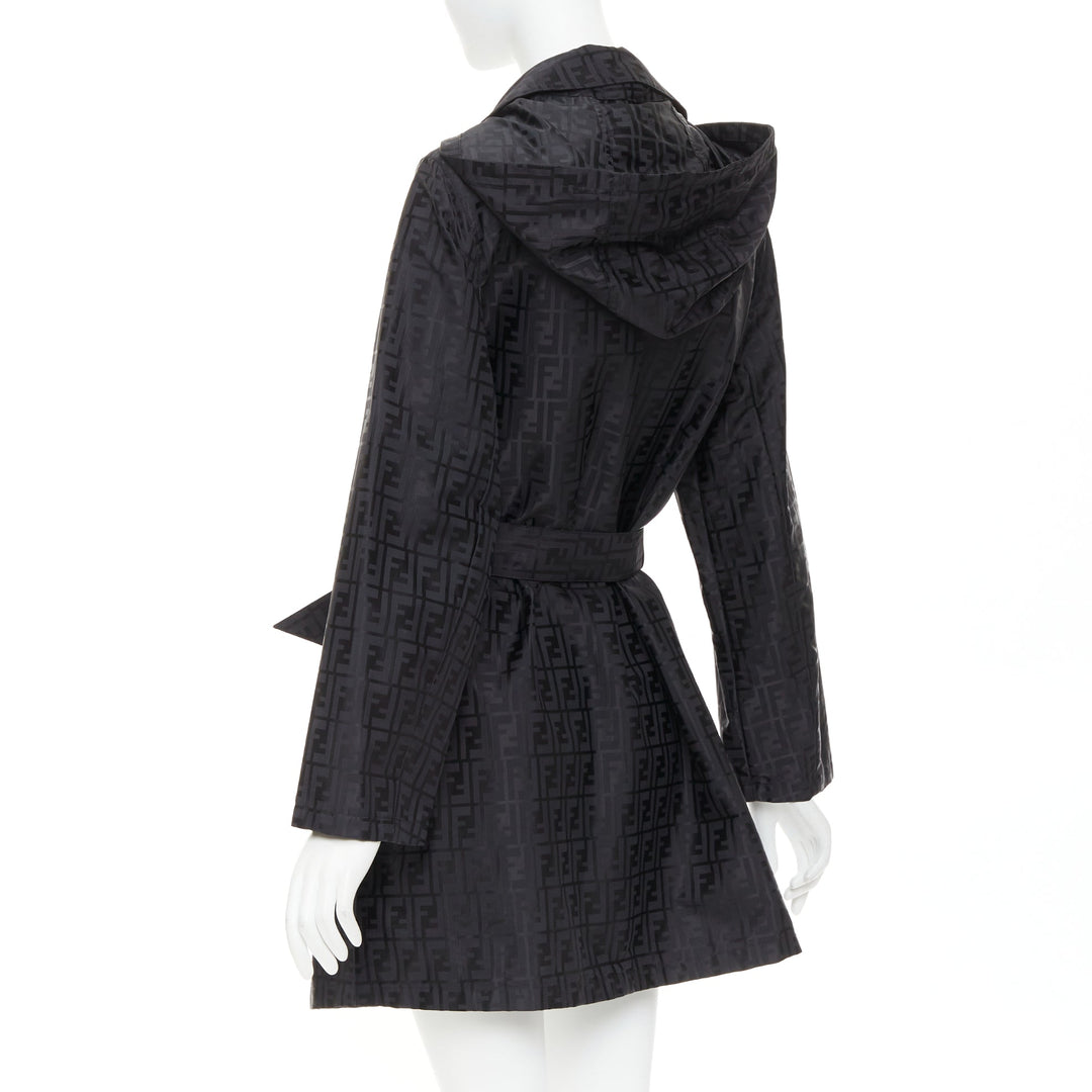 FENDI 1990s Vintage black cotton nylon FF Zucca monogram belt trench coat IT40 S
