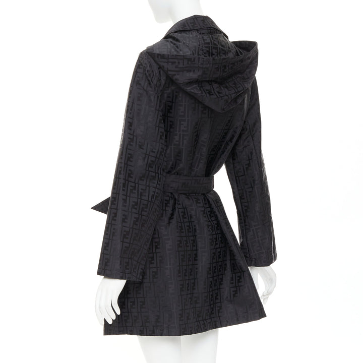 FENDI 1990s Vintage black cotton nylon FF Zucca monogram belt trench coat IT40 S