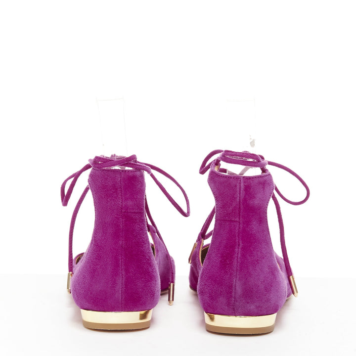 AQUAZZURA Belgravia purple suede leather pointy lace up gold heel flats EU37.5