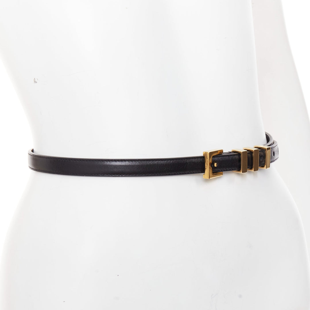 SAINT LAURENT Trois Passants black leather gold 3 loop buckle skinny belt