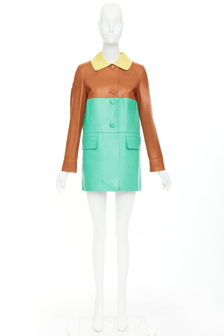 MARNI SS2015 yellow tan turquoise colorblocked lambskin leather coat IT38 XS