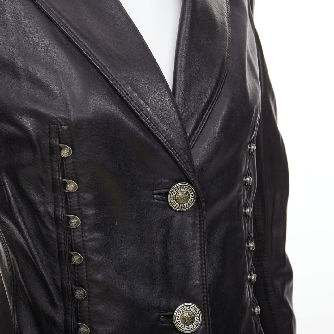 GIANNI VERSACE 1995 Vintage black lambskin silver Medusa hourglass jacket IT40 S