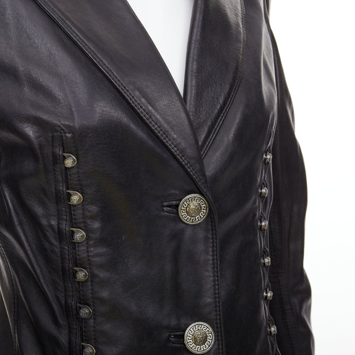GIANNI VERSACE 1995 Vintage black lambskin silver Medusa hourglass jacket IT40 S