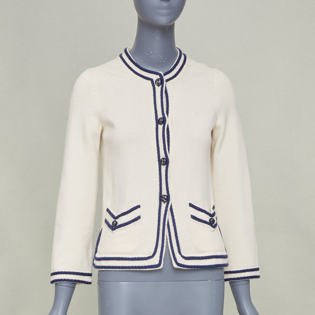 CHANEL 2015 ivory navy blue contrast trim rib pocket cashmere cardigan FR34 XS