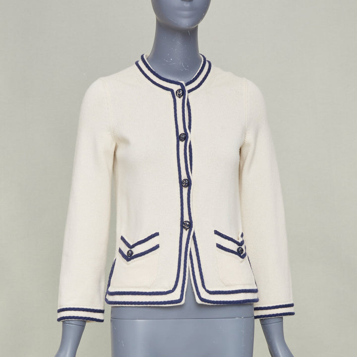 CHANEL 2015 ivory navy blue contrast trim rib pocket cashmere cardigan FR34 XS