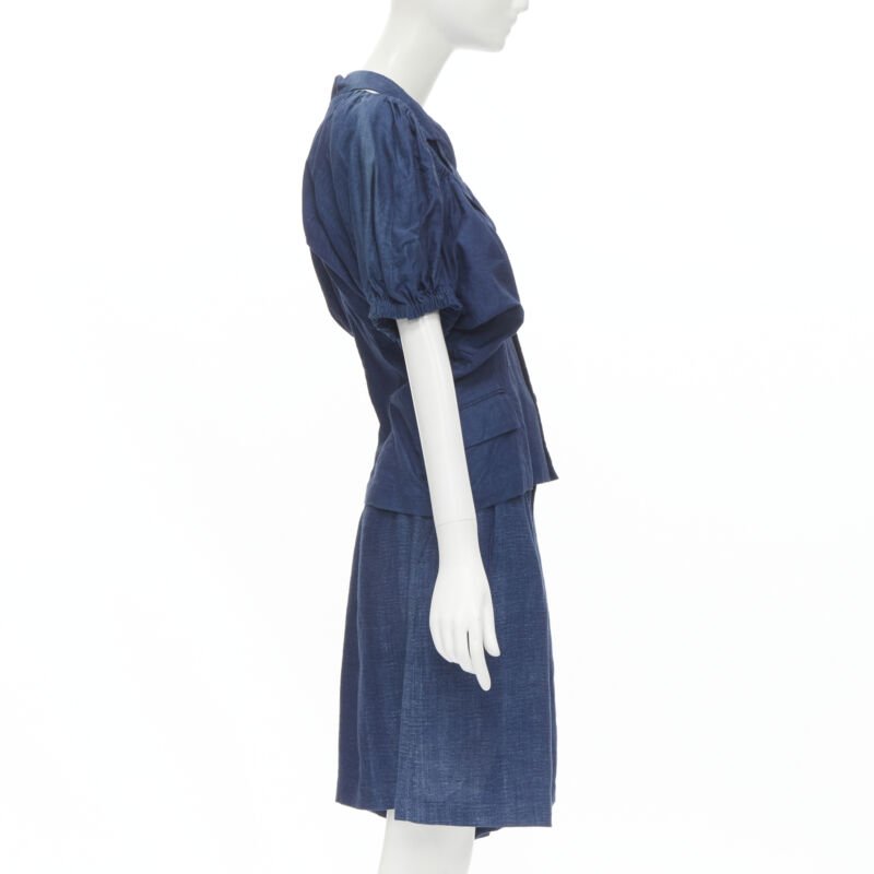 vintage COMME DES GARCONS 1989 blue linen ruched sleeve cut out top shorts set M