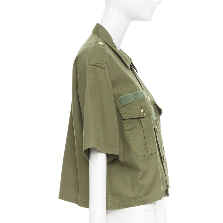 CELINE khaki green cotton gold Triomphe button military cropped shirt FR36 S