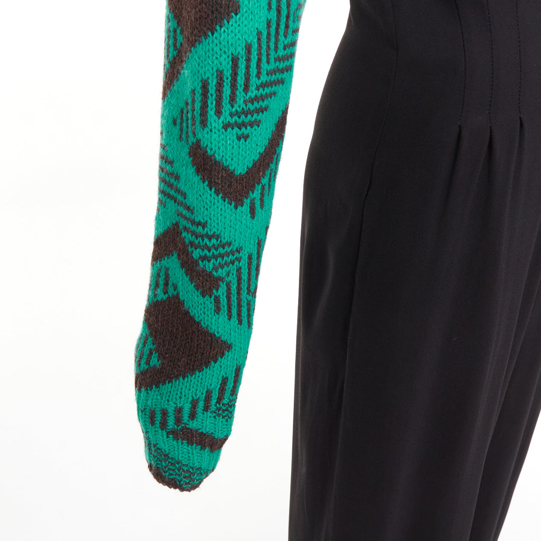 PRADA 2021 Runway black sable green jacquard wool knit pleated jumpsuit IT38 XS