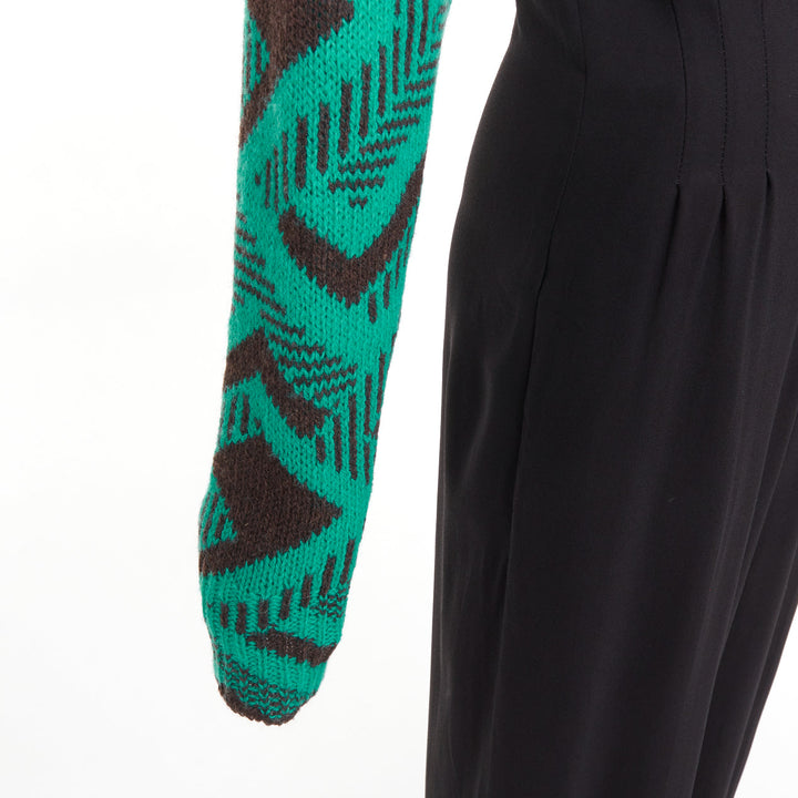 PRADA 2021 Runway black sable green jacquard wool knit pleated jumpsuit IT38 XS