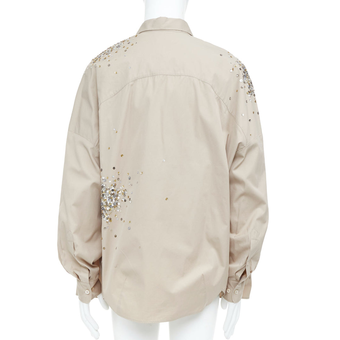 DRIES VAN NOTEN 2024 Casia beige sequin bead embellished cotton shirt M