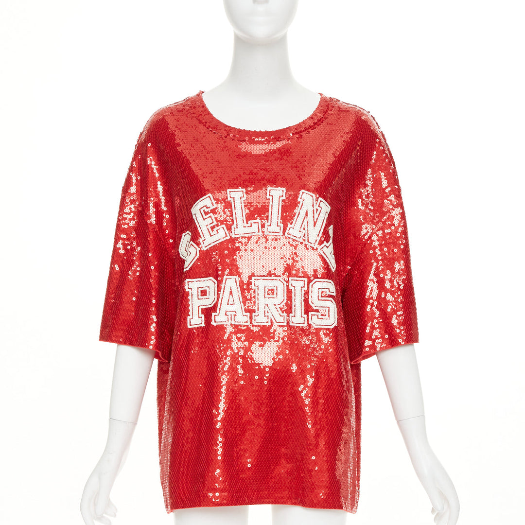 CELINE 2021 Runway red white sequin varsity logo oversized jersey tshirt S