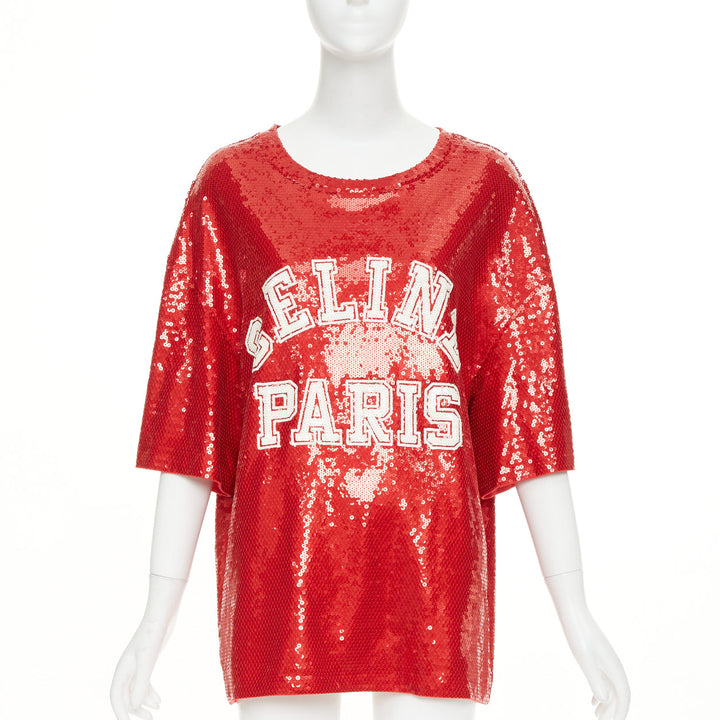 CELINE 2021 Runway red white sequin varsity logo oversized jersey tshirt S