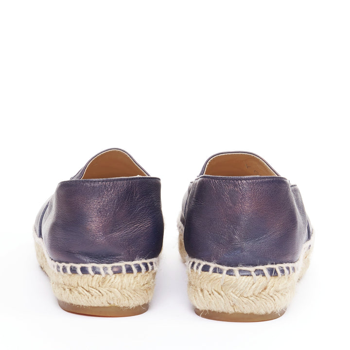 CHANEL navy lambskin leather CC logo applique jute espadrille shoes EU37