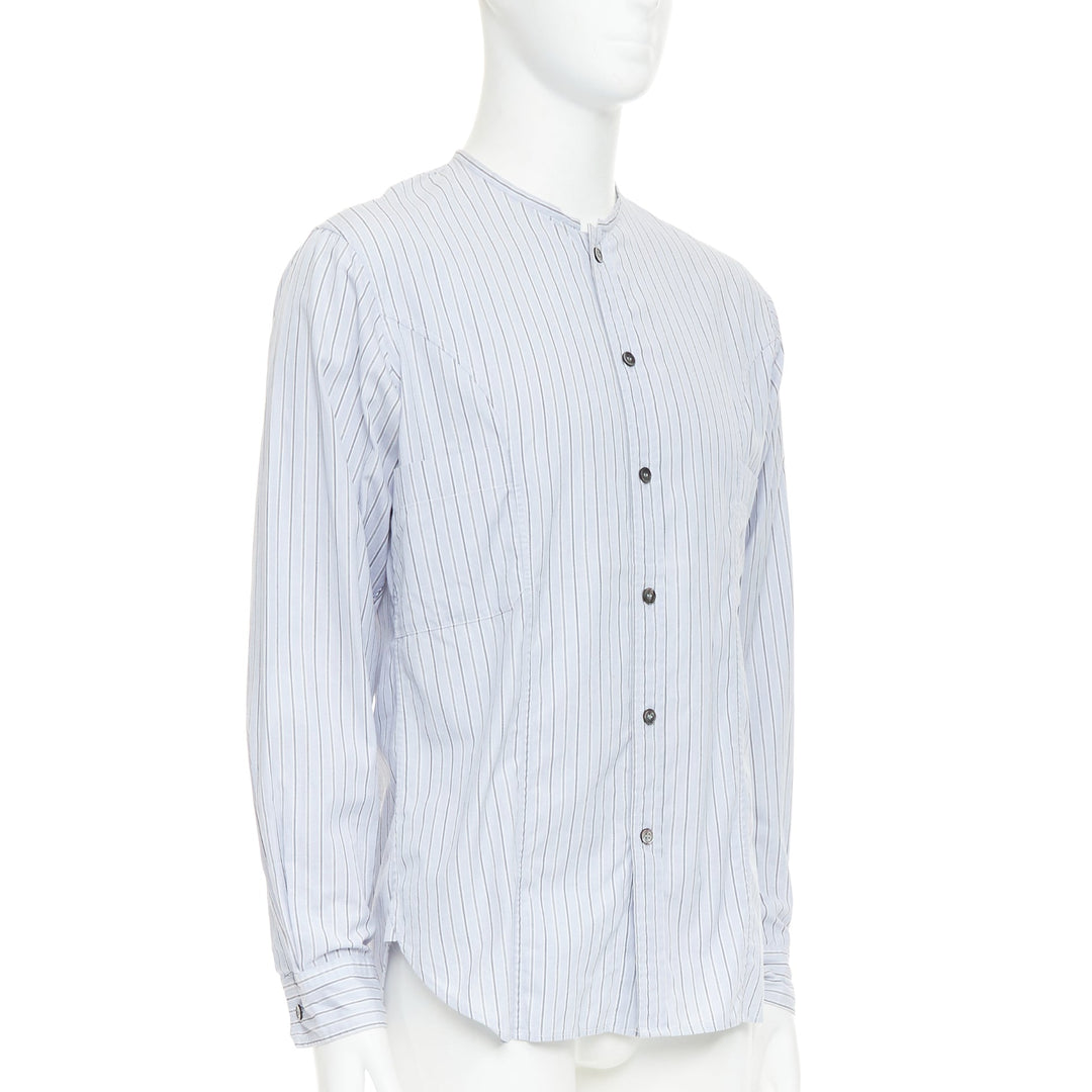YOHJI YAMAMOTO HOMME light blue grey striped collarless button up shirt JP2 M