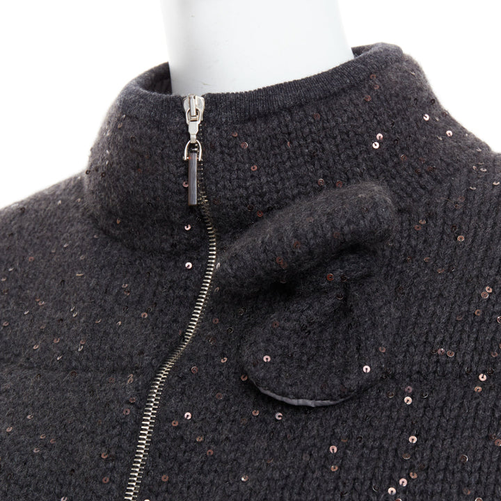 BRUNELLO CUCINELLI Cashmere dark grey sequin padded crop cardigan M
