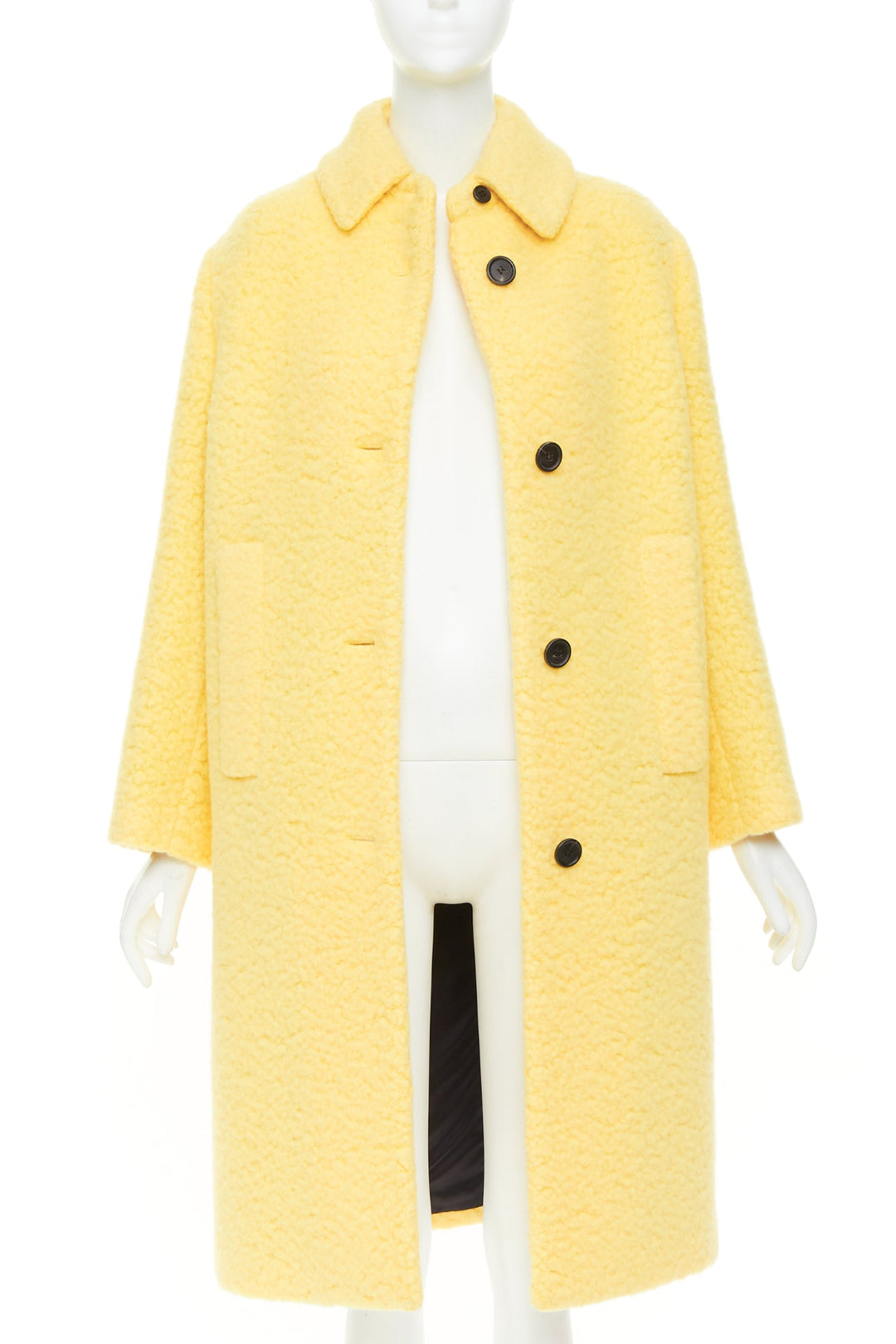 PRADA 2021 Raf Simons Runway pastel yellow wool boucle long oversize coat IT40 S