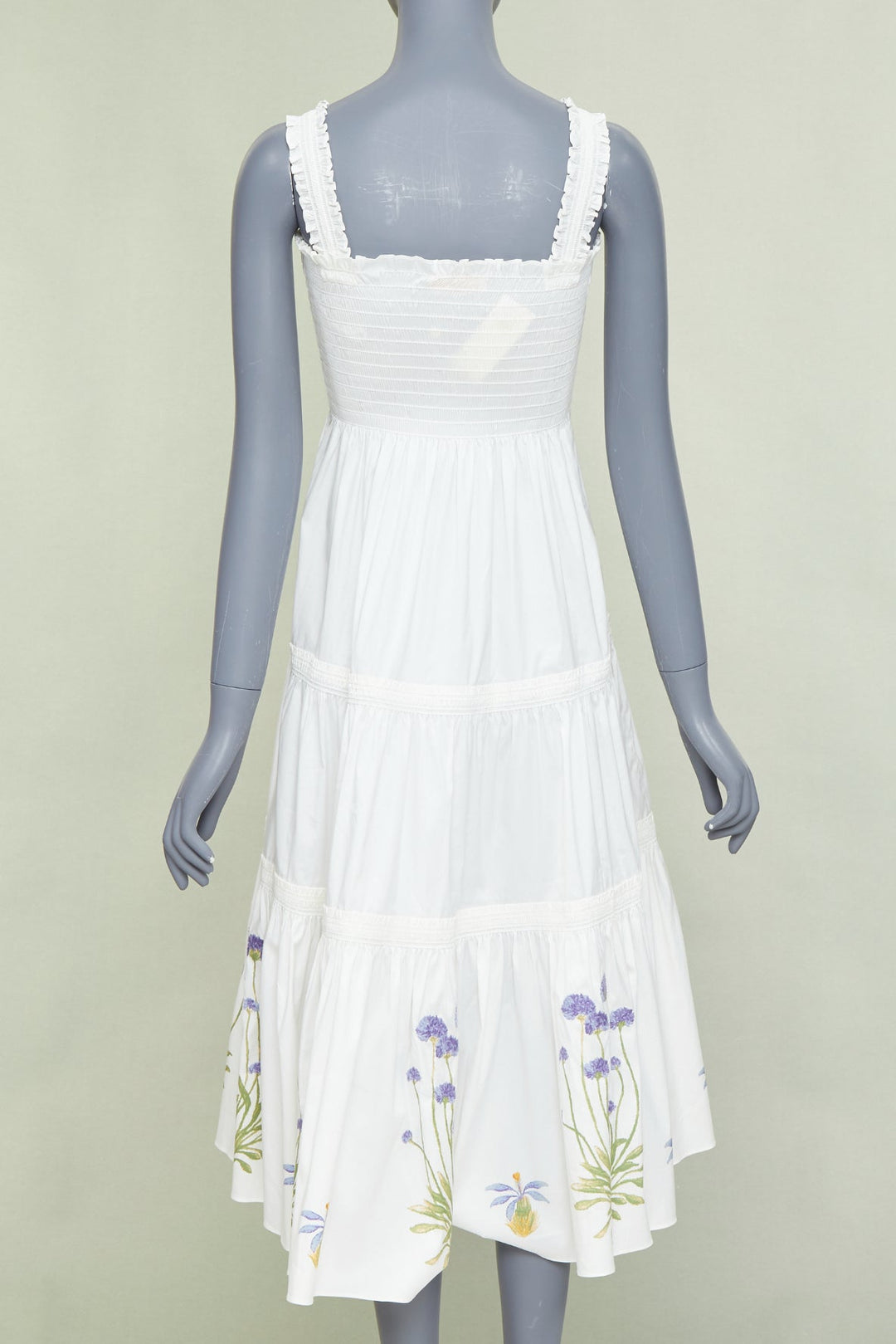 TORY BURCH Embroidered Smocked Midi ivory purple flower embroidery midi dress M