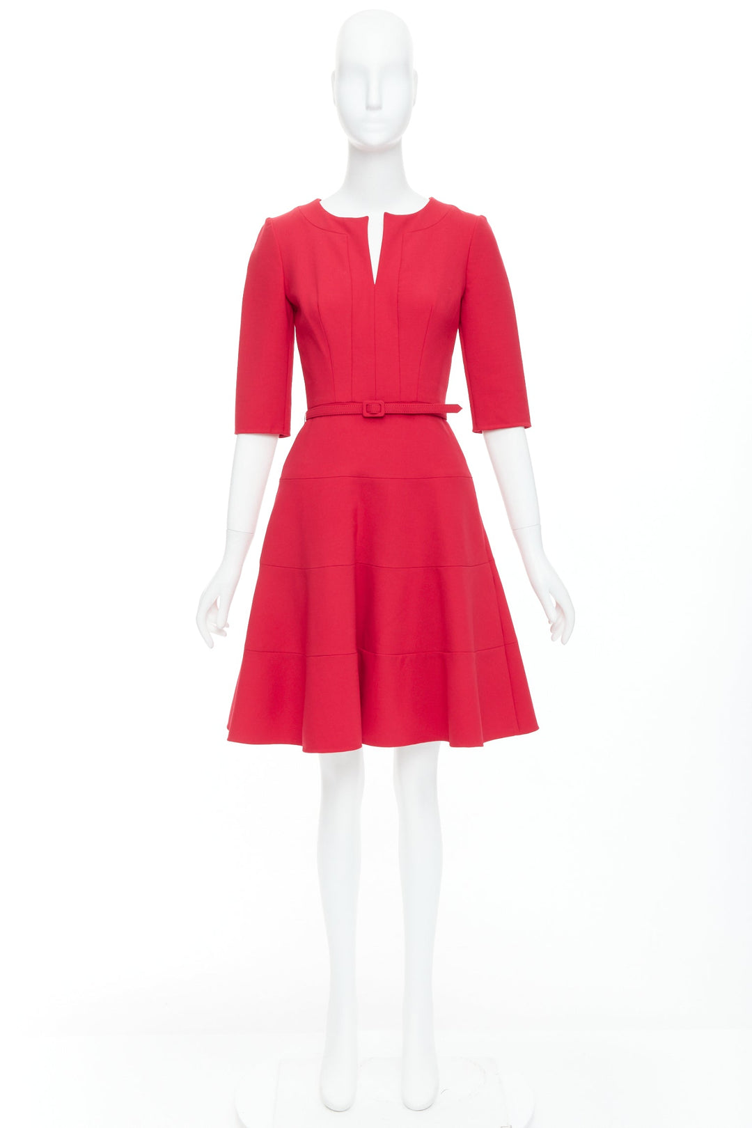 OSCAR DE LA RENTA R17 red virgin wool blend slit neck pleated belted dress US0 XS