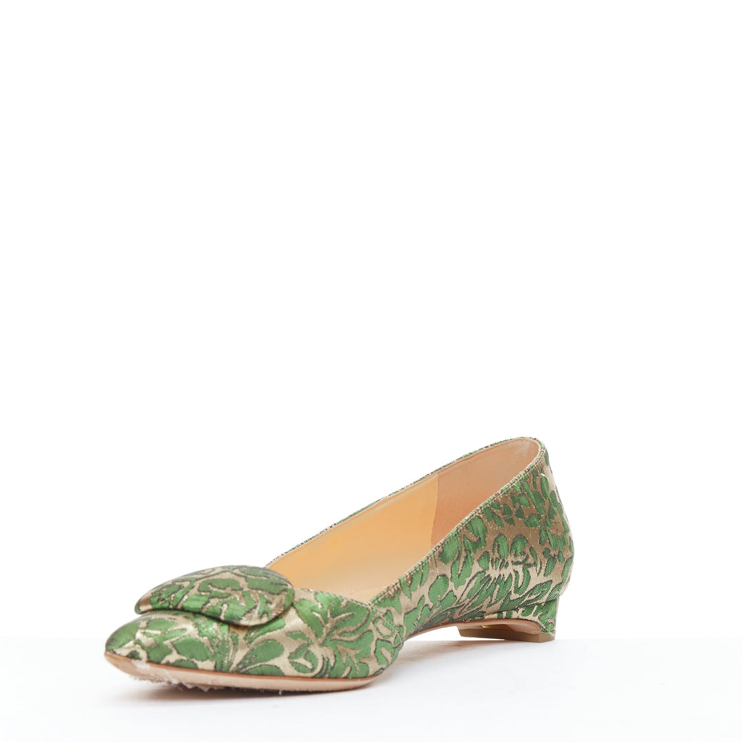 RUPERT SANDERSON Aga green gold brocade embellished pointy flats EU38