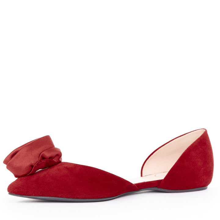 ROGER VIVIER red suede satin rosette d'orsay pointed comfort ballet flats EU37