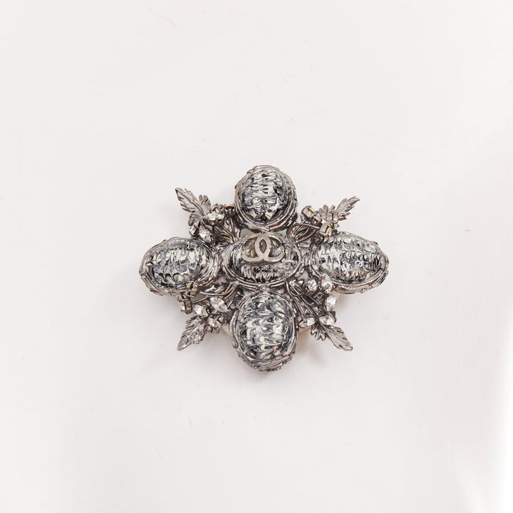 CHANEL Faux Marble Cabochon Leaf Medallion silver black CC floral pin brooch