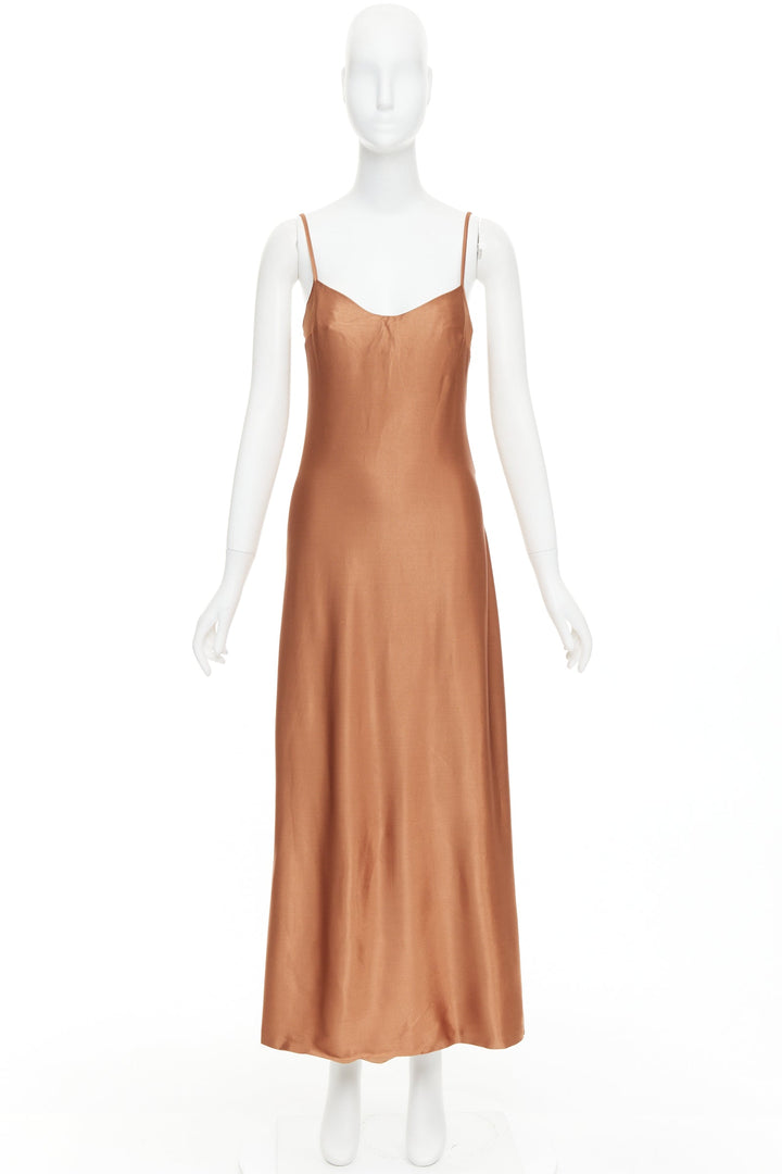 GALVAN Sahara cinnamon brown dipped open back satin dress FR40 M