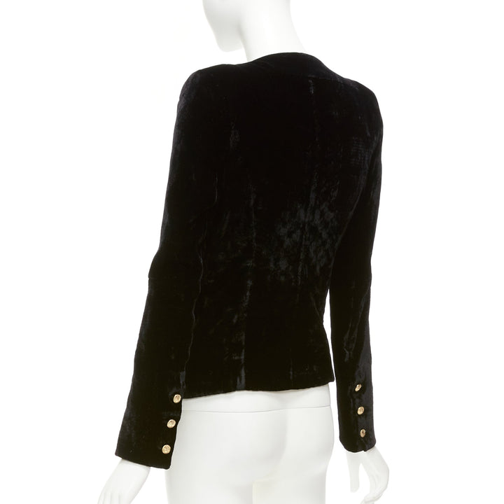 BALMAIN black velvet gold eagle buttons shoulder pads fitted blazer FR36 S