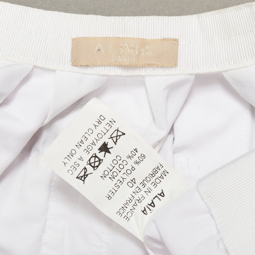 ALAIA Vintage white double cotton crumpled shirred panelled flared skirt FR40 L