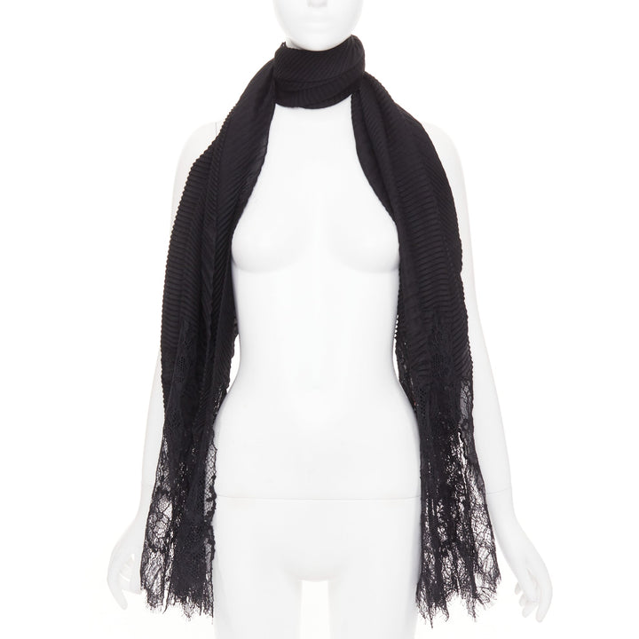VALENTINO black cashmere bend pleated delicate floral lace trim long scarf
