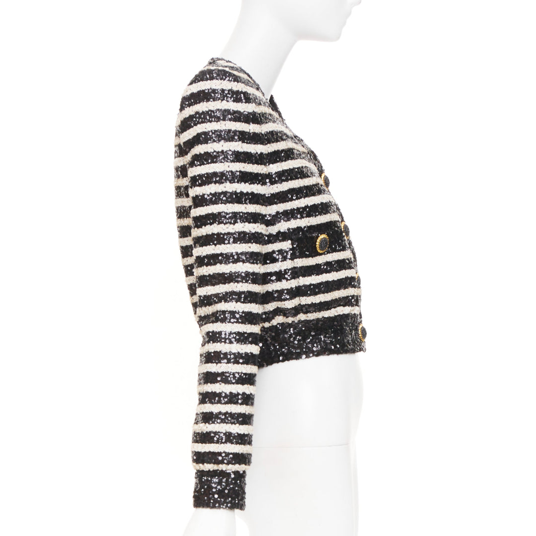 BALMAIN 2024 stripe sequined v neck lion button cropped evening jacket FR34 XS