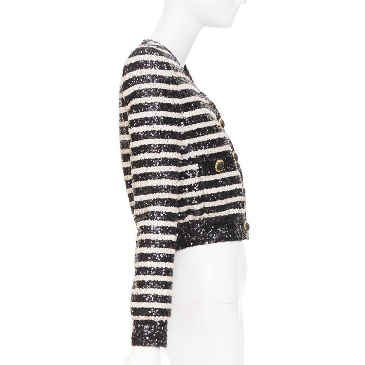 BALMAIN 2024 stripe sequined v neck lion button cropped evening jacket FR34 XS