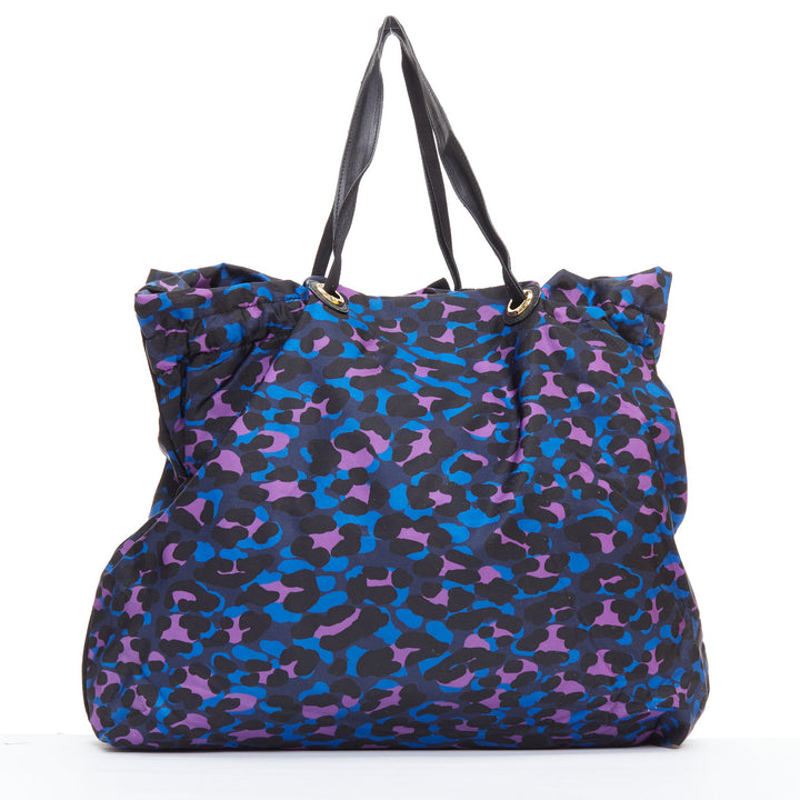 LANVIN blue purple leopard print black bow strap shoulder tote bag