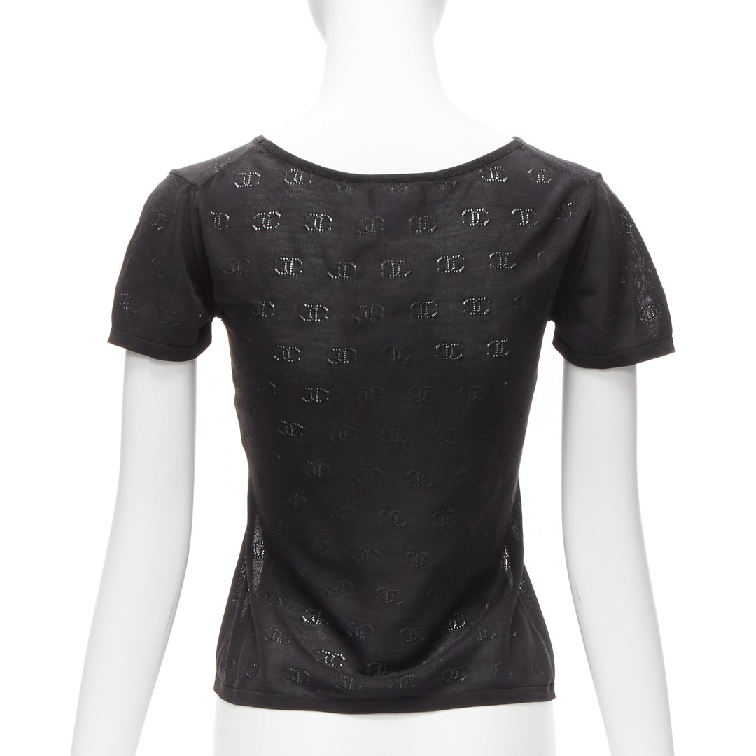 CHANEL 98P Vintage black CC logo monogram Pointelle silk knitted top FR38 M