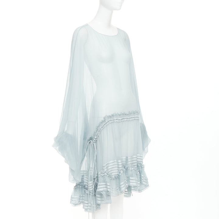 CHLOE 2016 Runway sky blue silk mousselin sheer ruffle drawstring dress FR34 XS