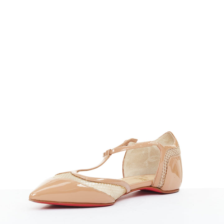 CHRISTIAN LOUBOUTIN 2016 Mrs Early beige patent mesh pointed flats EU37.5