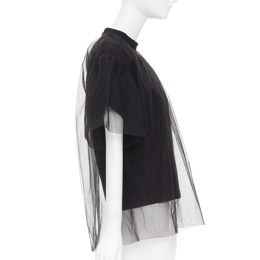 SHUSHU TONG Tulle T-shirt black mesh layered crew neck top UK6 XS
