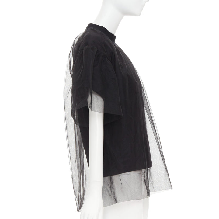 SHUSHU TONG Tulle T-shirt black mesh layered crew neck top UK6 XS