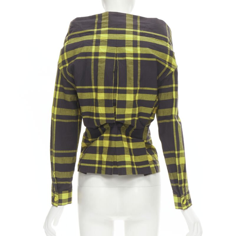 ISSEY MIYAKE Vintage black yellow check plaid cotton stand collar shirt S Rare