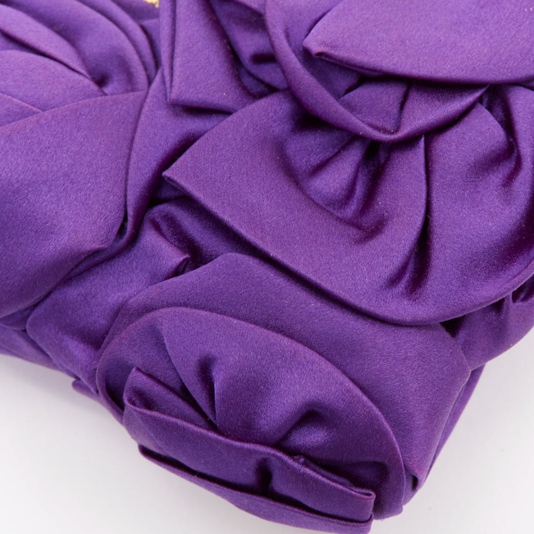 ROGER VIVIER purple satin 3D rose ruffle applique crystal buckle clutch bag