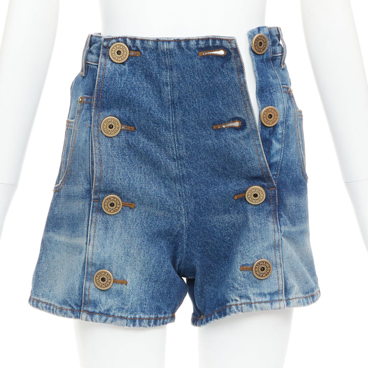 BALMAIN blue washed bronze logo buttons high waisted denim shorts FR34 XS